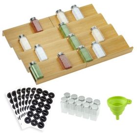 Bamboo spice rack drawer storage box, 10 spice storage cans organizer drawer rack plugin, 8-piece set, 126 labels, 1 funnel